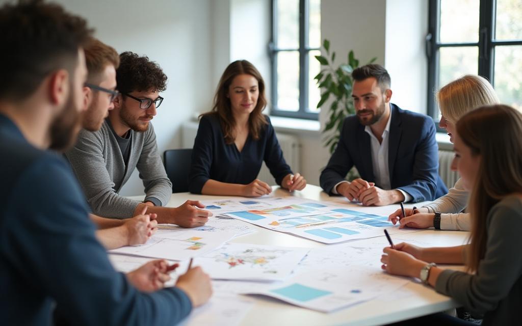 Team collaborating on a design project in a modern office